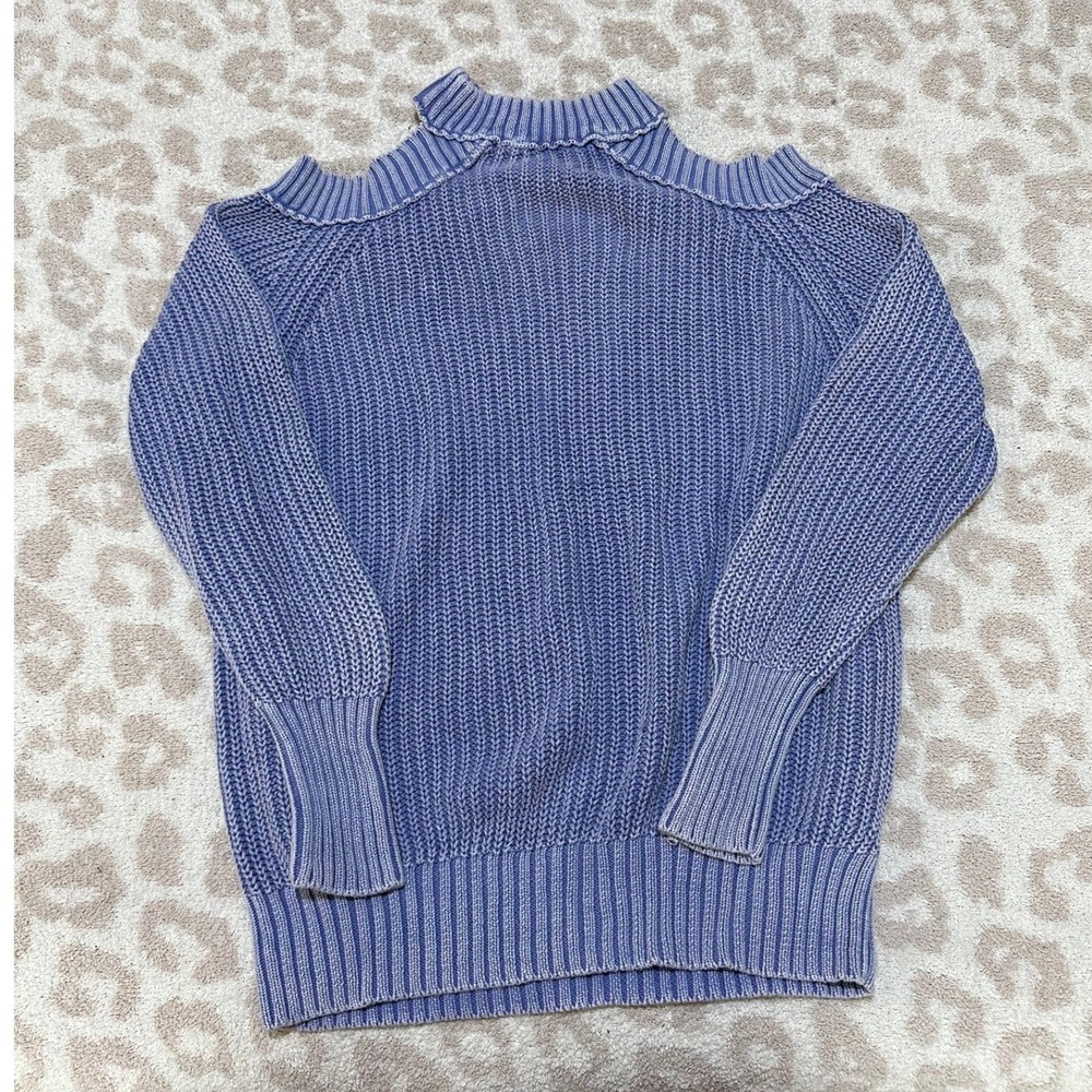 Free People Cold Shoulder Sweater Small Blue Chunky‎ Knit Cut Out Mock Neck